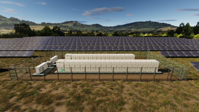 Image of Galp’s solar power plant with rendering of Powin’s new battery installation.