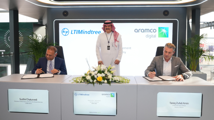 Signing of the shareholders' agreement between LTIMindtree and Aramco Digital. Left to right, Sudhir Chaturvedi, President, and Executive Board Member, LTIMindtree and Tareq Amin, CEO, Aramco Digital.